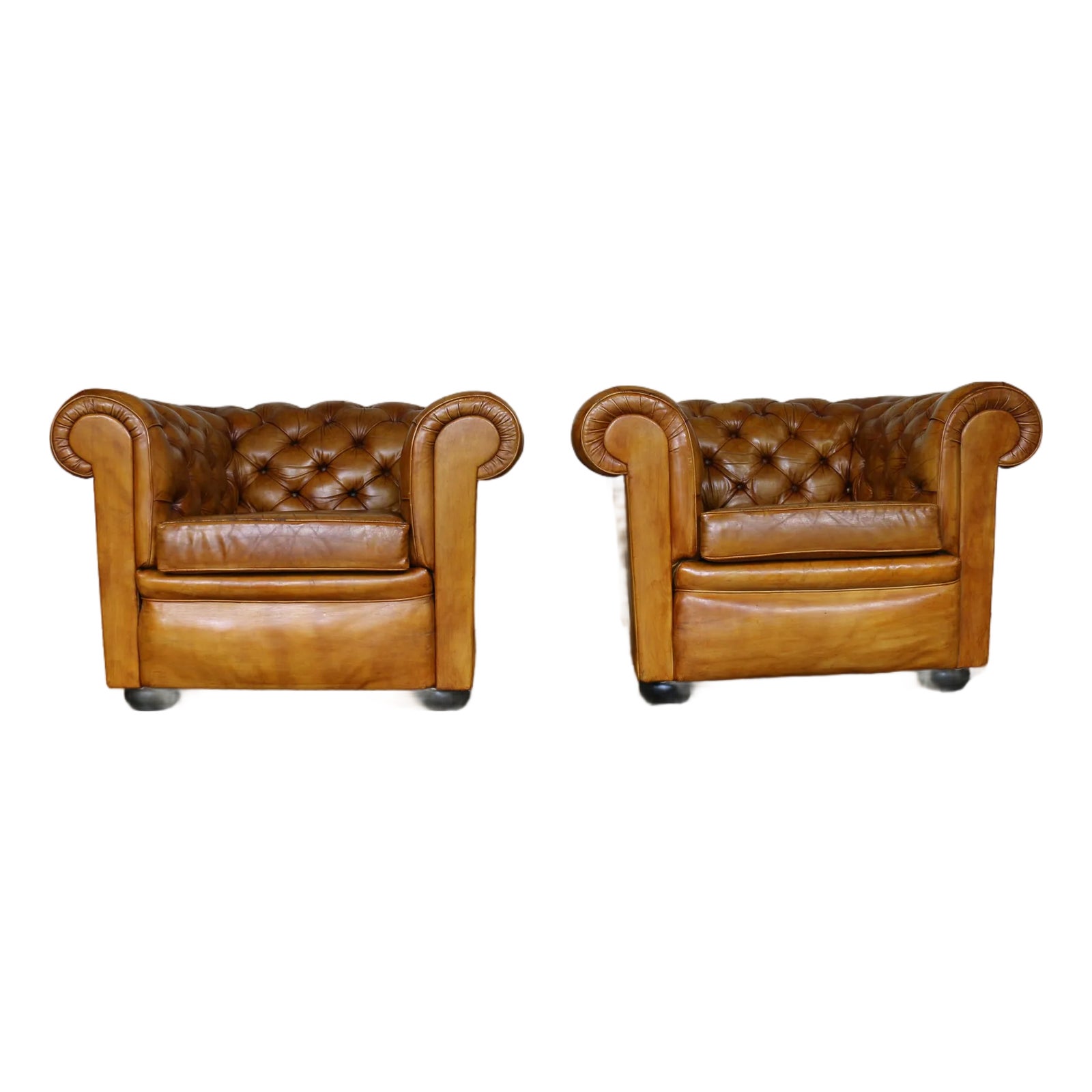 Vintage Pair of Brown Honey Leather Chesterfield Club Chairs — England ...