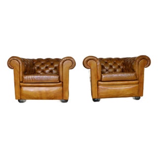 Vintage Pair of Brown Honey Leather Chesterfield Club Chairs — England, Circa 1950 For Sale