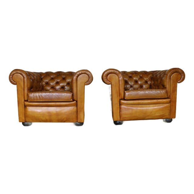 Vintage Pair of Brown Honey Leather Chesterfield Club Chairs — England, Circa 1950 For Sale