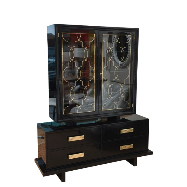 Vintage Rare Grosfeld House Modernist Black Lacquered Over Wood, Brass and Glass Cabinet, 1940's For Sale - Image 13 of 13