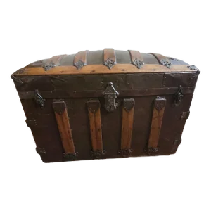 19th C. Refurbished and ReUpholstered Dome Top Metal & Wood Bound Blanket Chest