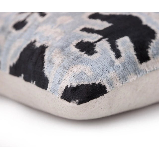 2020s Light Blue Black Silk Velvet Pillow – 20x20 Handmade Ikat Throw Cushion For Sale - Image 5 of 8