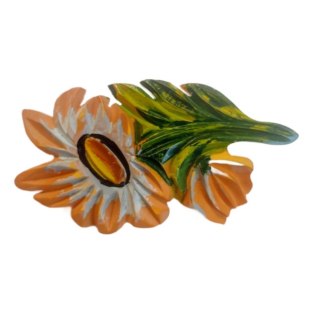 Early 20th Century Art Deco Carved Painted Celluloid Floral Brooch For Sale