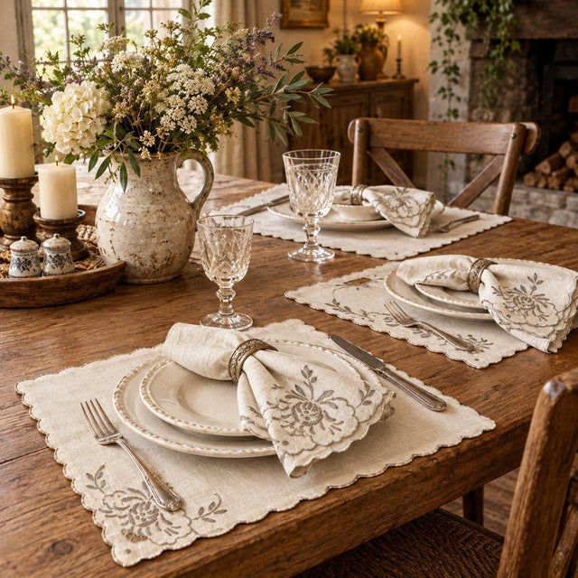 Vintage Embroidered Cotton Napkins Lotus Scalloped Set of 11 For Sale - Image 4 of 4