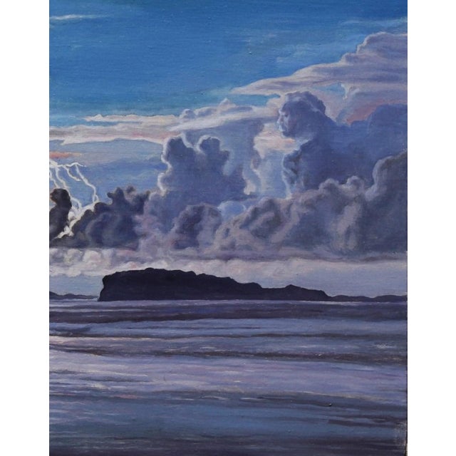 This artwork presents a striking figure painted in vibrant shades of blue, set against a dramatic sky filled with...