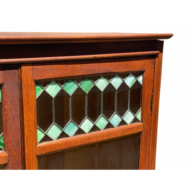 Antique Oak Larkin Bookcase / China Cabinet With Green Slag Glass Doors For Sale In Boston - Image 6 of 12