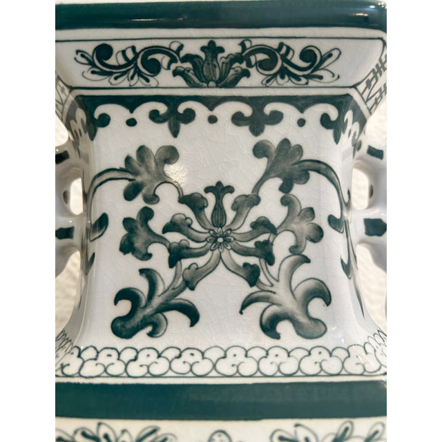 White 1970’s Andrea by Sadek Green and White Porcelain Chinoiserie Japanese Porcelain Scenic Vase 15.5” For Sale - Image 8 of 11