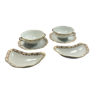 Vintage Limoges France Porcelain Coffee and Croissant Set, Hand Painted Gold Trim Tea Cups and Crescent Plates - Set of 6 For Sale