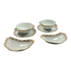 Vintage Limoges France Porcelain Coffee and Croissant Set, Hand Painted Gold Trim Tea Cups and Crescent Plates - Set of 6