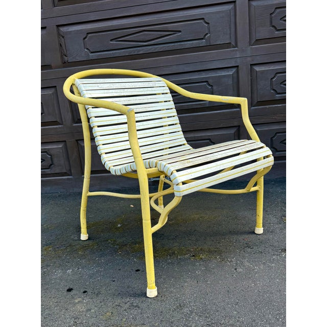 Mid-Century Modern Vintage MCM Yellow Aluminum Patio Chairs Set of 4 White Vinyl Strap Retro For Sale - Image 3 of 8
