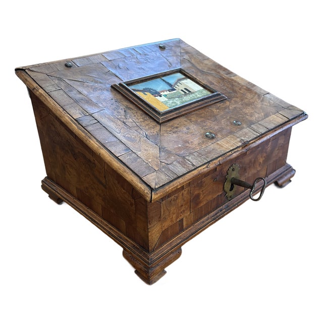 Early 18th Century Italian Burl Walnut Slant Lid Box With Mosaic Panel For Sale