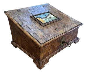 Early 18th Century Italian Burl Walnut Slant Lid Box With Mosaic Panel