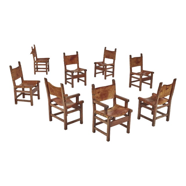 Early 20th Century Spanish Hand-Crafted Oak & Cognac Studded Leather Dining Chairs- Set of 8 For Sale