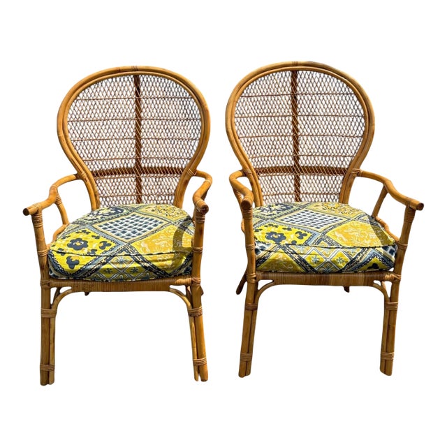 Set of 2 1980s Vintage Bamboo Rattan Side Chairs With Custom Upholstered Seats For Sale