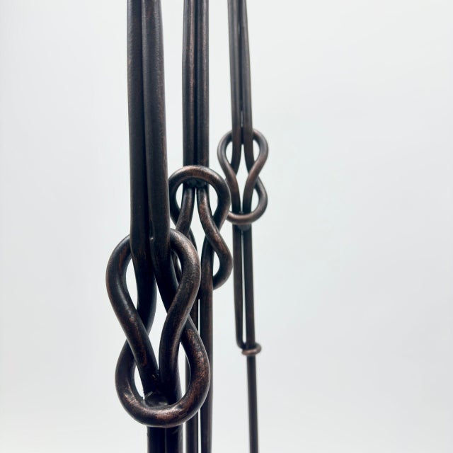 Hand Forged Iron Candelabra Set of 3 (88-108cm) Antique Copper Double Stem with Hercules Knot and Arched Base For Sale - Image 11 of 12