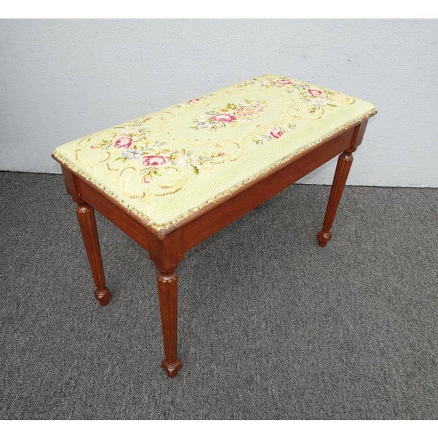 1970s Vintage French Needlepoint Tapestry Bench Stool ~ Green Floral Stitch For Sale - Image 5 of 12