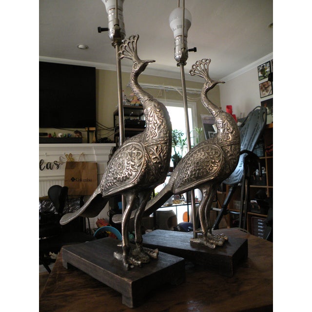 Gorgeous Ornate Medium Sized Aluminum Peacock Table Lamps For Sale - Image 10 of 10