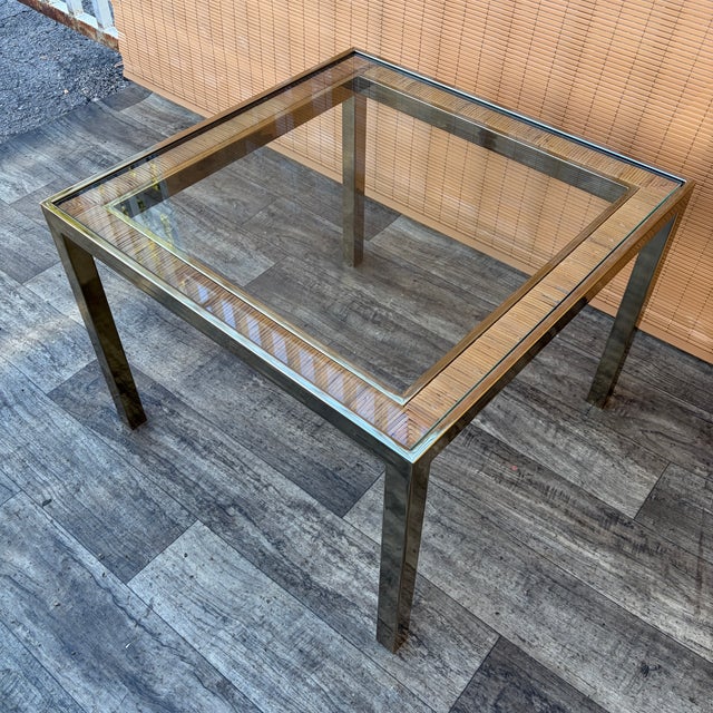 A Pair of Hollywood Regency Gold Brass and Wicker Side Tables in the Milo Baughman Style. C. 1970s For Sale - Image 12 of 18