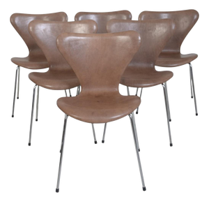 Seven Chairs in Patinated Brown Leather by Arne Jacobsen, 1990s, Set of 6