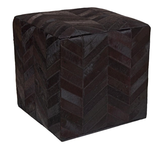 Handmade Black Cowhide Leather Ottoman Pouf 18x18x18 in Chevron Patchwork For Sale - Image 11 of 11