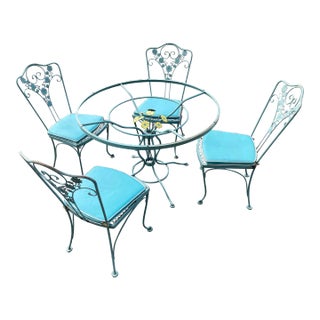 Vintage Woodard Wrought Iron Blue Daisy Patio Table & 4 Chairs For Sale