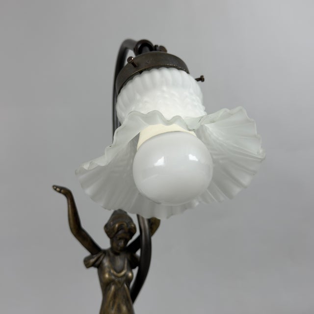Metal Liberty Table Lamp in Brass and Opaline Glass For Sale - Image 7 of 11