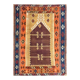 1890s Brown Medallion Antique Turkish Anatolian Flat-Weave Prayer Rug 3'7" X 4'10" Wool Carpet For Sale