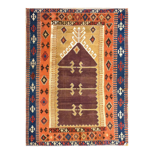1890s Brown Medallion Antique Turkish Anatolian Flat-Weave Prayer Rug 3'7" X 4'10" Wool Carpet