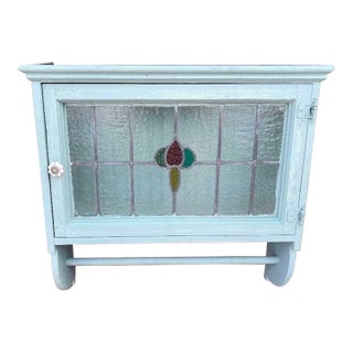 1900s Antique English Stained Glass Wall Cabinet With Towel Rail For Sale