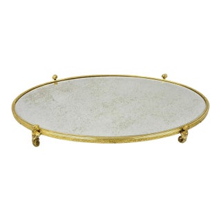 Vintage Hollywood Regency Gold Maiden Bust Oval Beveled Glass Mirror Vanity Tray For Sale
