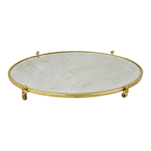 Vintage Hollywood Regency Gold Maiden Bust Oval Beveled Glass Mirror Vanity Tray For Sale