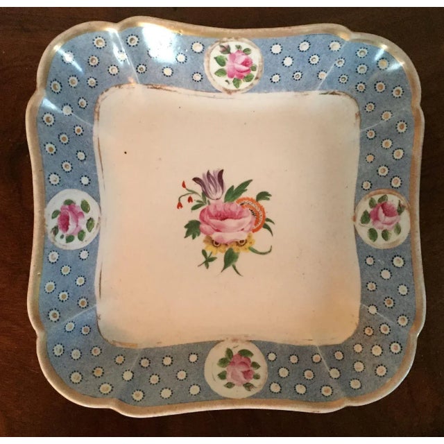 Blue Early 19th Century English Coalport Porcelain Square Dessert Dish Plates Baby Blue with Pink Roses 1810 - A Pair For Sale - Image 8 of 11