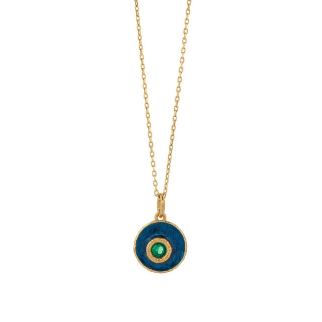 Early 21st Century Blue Enamel Jade Stone Evil Eye Pendant Gold Chain Necklace For Sale - Image 5 of 9