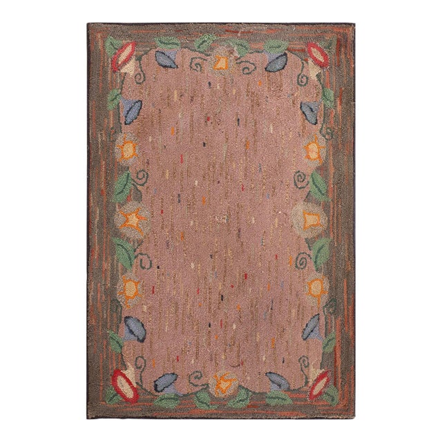 1920s Mauve Abstract Floral Antique American Hooked Rug 2'6" X 3'9" Handknotted Wool Carpet For Sale