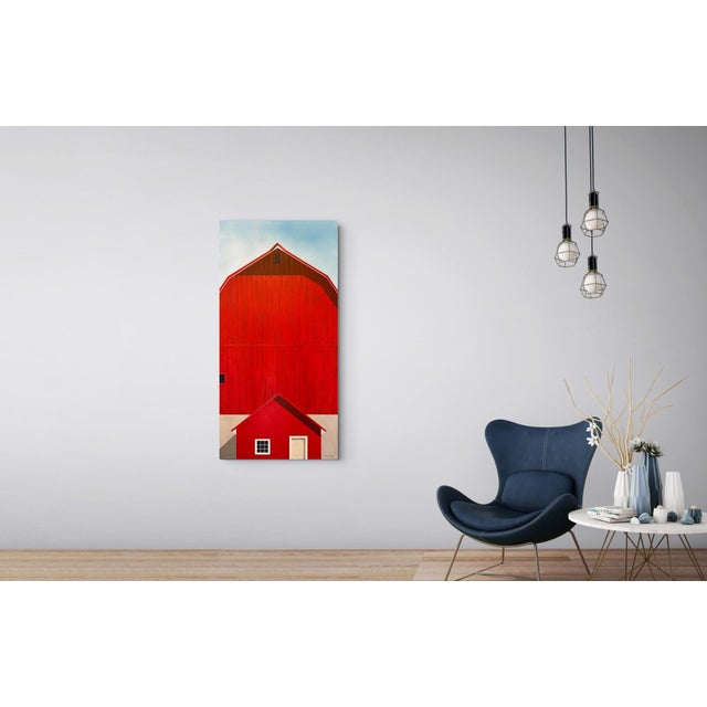 Red Still the Heartland by Justin Wheatley | Acrylic on Canvas Red Barn With Blue Sky For Sale - Image 8 of 10