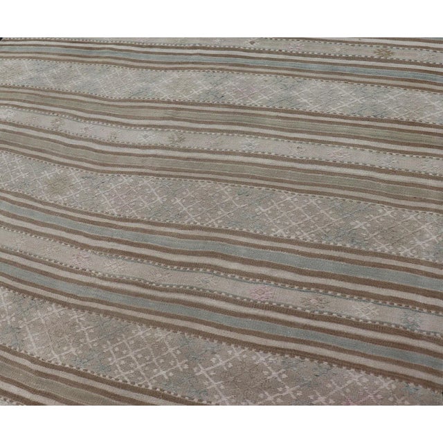Vintage Turkish Kilim Rug in Soft Taupe, Beige, and Pale Blue Striped Design For Sale - Image 9 of 12