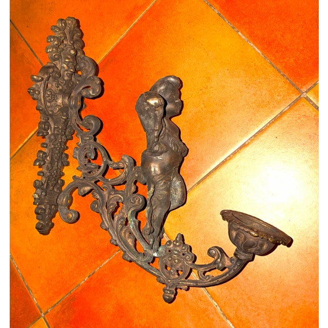 Onyx Antique Pair of Bronze Cherub Sconces For Sale - Image 8 of 11