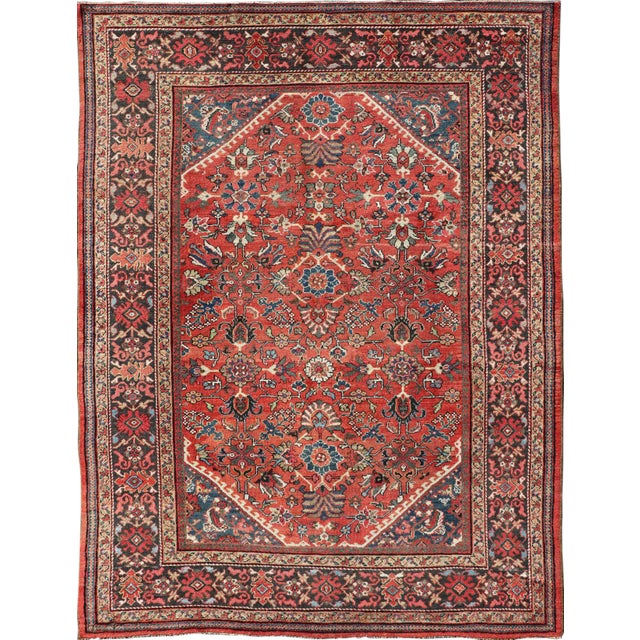 Antique Mahal Rug With All Over Design in Soft Red and Brown Border For Sale