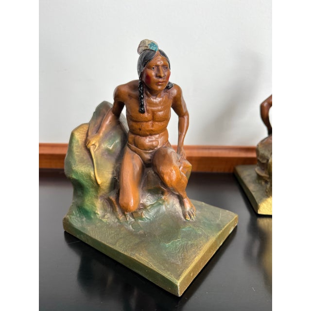 Early 20th Century Hand-Painted Native American Figural Bookends For Sale - Image 4 of 9