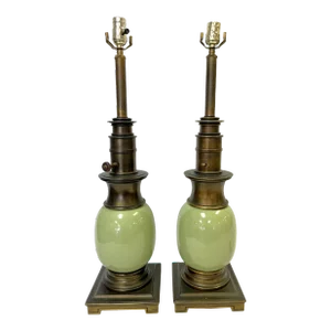 Vintage Designer Table Lamps, Bronze With Ceramic - a Pair