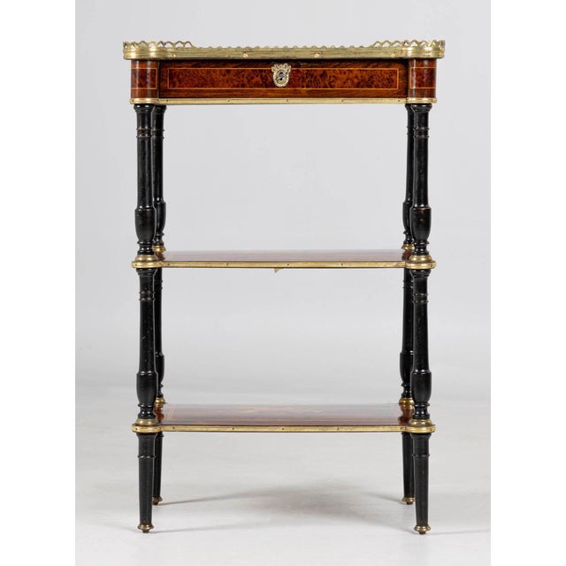 Antique etagere with fine inlay work paris wood, brass around 1870 dimensions: h × w × d: 77 × 50 × 37 cm three-tier side...