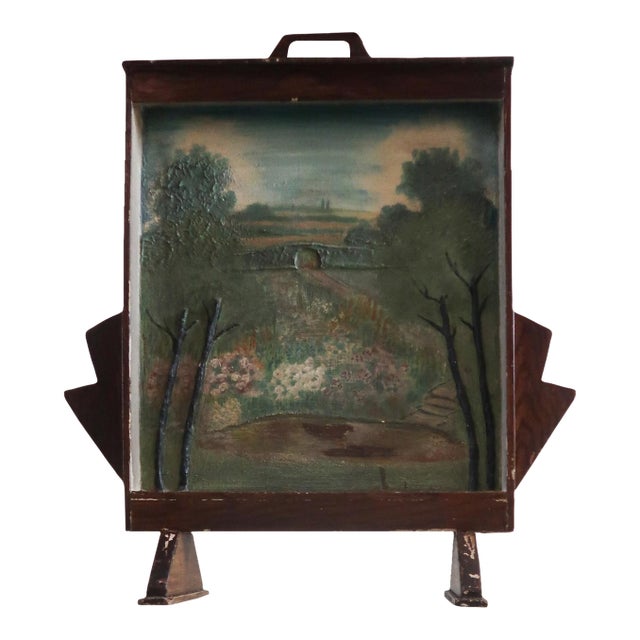 Folk Art Landscape Fire Screen For Sale