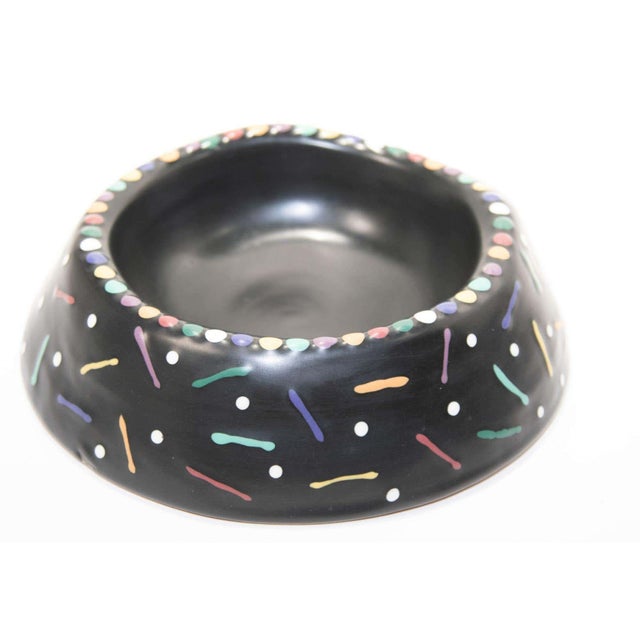 1994 Handcrafted ceramic bowl Signed by Luna Garcia. Large ceramic bowl in black glazed with polychrome dots and marked...