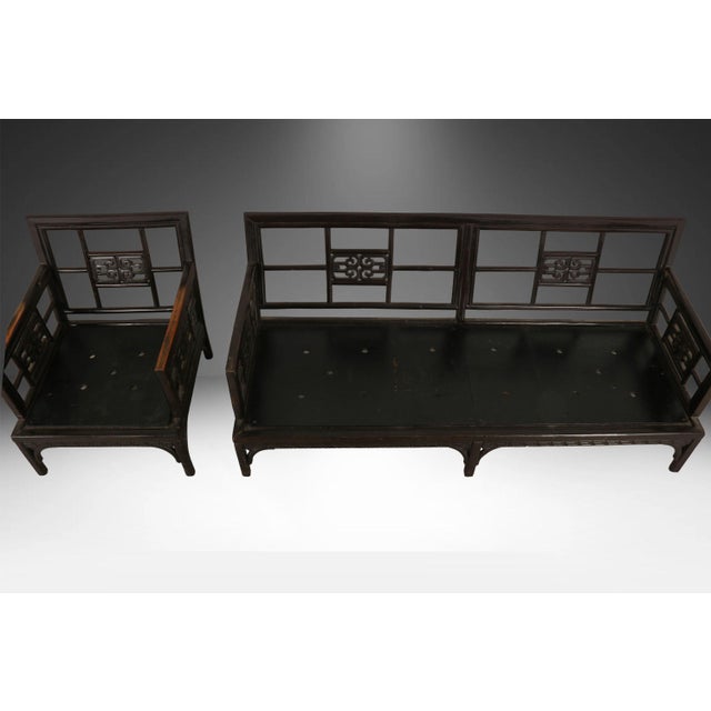 Vintage Chinese Chinoiserie Fretwork Sofa and Armchair Settee 2 Pieces For Sale - Image 11 of 14