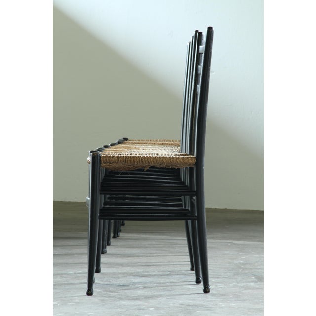 Vintage Italian Papercord Black Dining Chairs with Woven Seat, 1950s, Set of 4 For Sale - Image 4 of 14