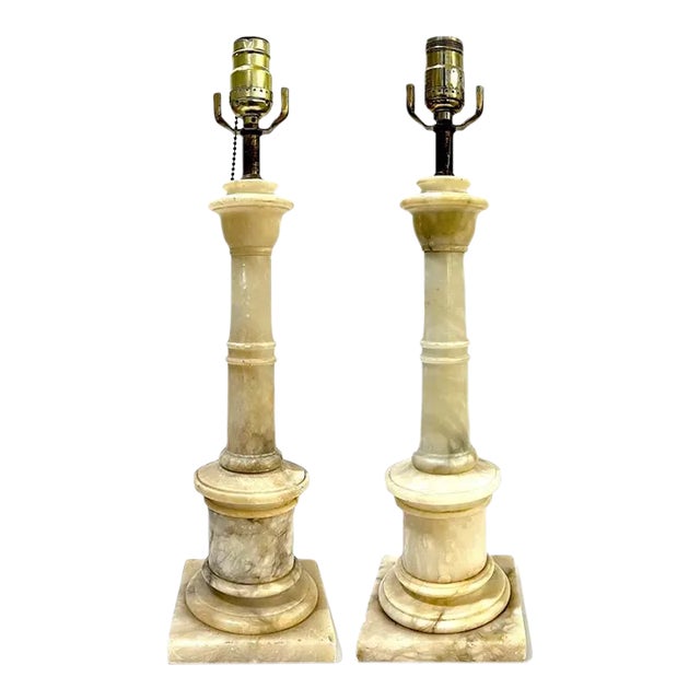 1950's Carved Alabaster Column Table Lamps - Pair For Sale