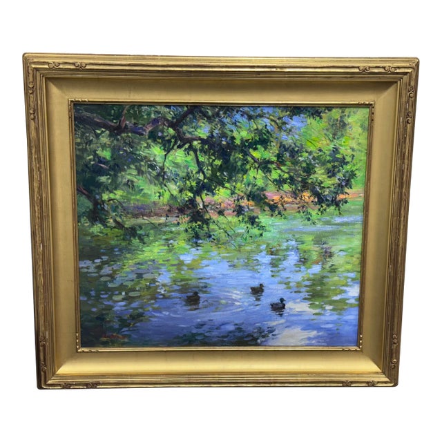 Circa 2004 Gary David Hoffmann "Ducks on Willow Pond" Original Oil Painting, Framed For Sale
