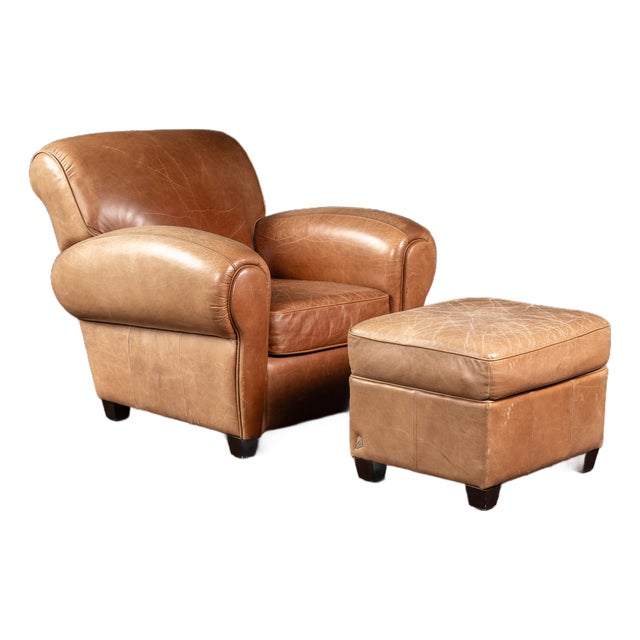 Late 20th Century Leather Club Chair With Ottoman in Beige by Preston Hill For Sale