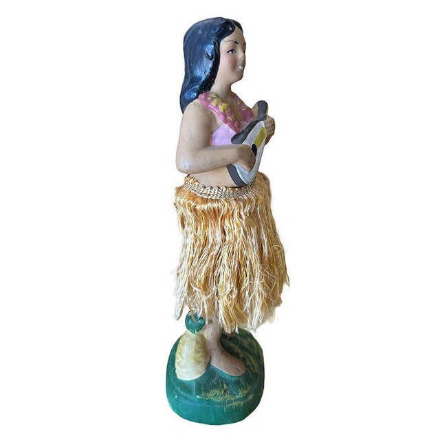 Original post-war ceramic chalkware dancing Hawaiian Hula girl figurine made from lightweight plaster and painted in...