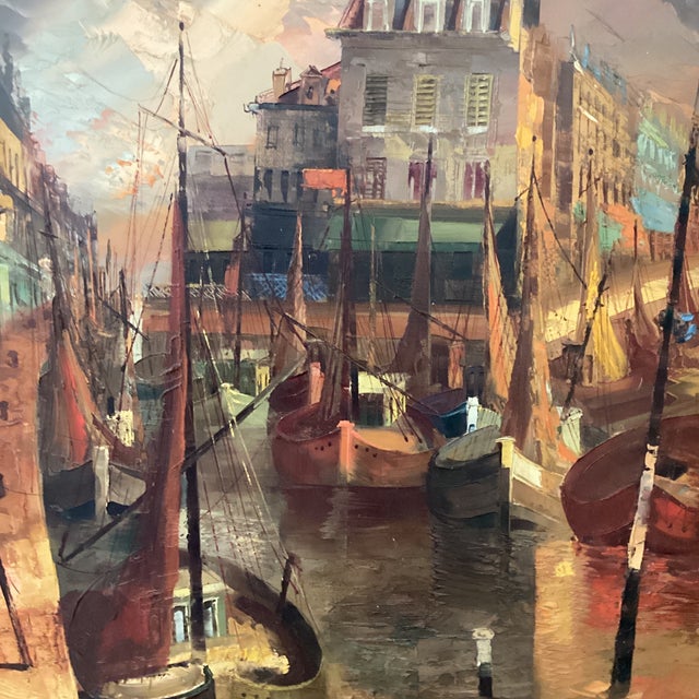 Vintage Painting on Canvas Impressionistic Harbor Scene Artist Signed Framed Dated For Sale - Image 4 of 12